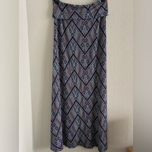 Loveappella Geometric Maxi Skirt in Navy, Teal, Coral, and White.